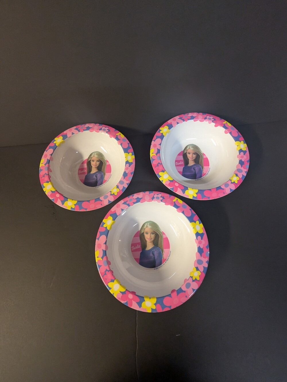 Barbie doll plastic bowl Lot Of 3 matching Melamine Kids Dishes 2000